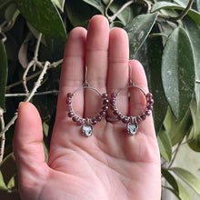 Load image into Gallery viewer, Dark Garnet and Heart Charm Hoop Earrings, Handcraftred Sterling Silver