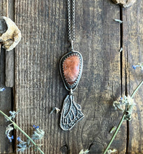 Load image into Gallery viewer, Orange Confetti Sunstone Necklace with Hand Carved Butterfly Wing Drop, with 21” Long Rolo Chain