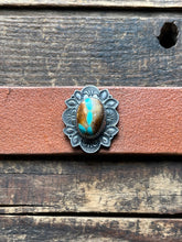 Load image into Gallery viewer, Royston Ribbon Turquoise Set Leather Bracelet with Hand Stamped Silver Detailing, Small Fit