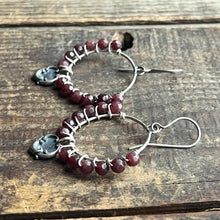 Load image into Gallery viewer, Dark Garnet and Heart Charm Hoop Earrings, Handcraftred Sterling Silver