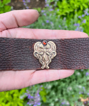 Load image into Gallery viewer, Egyptian Revival Brass Lotus and Snake Design on Leather Bracelet, Set with Garnet in Fine Silver