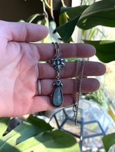 Load image into Gallery viewer, Art Nouveau Flower Fairy With Icy Blue Aquamarine Drop Pendant, Rolo Chain 18” Long