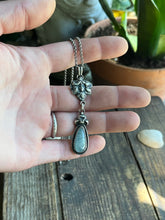 Load image into Gallery viewer, Art Nouveau Flower Fairy With Icy Blue Aquamarine Drop Pendant, Rolo Chain 18” Long