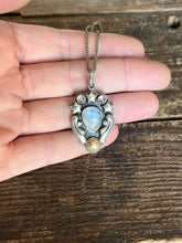 Load image into Gallery viewer, Shoot for the Stars Pendant, Handcrafted Sterling Silver and Brass Moon with Triple Moonstones, 18” Wheat Chain