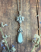 Load image into Gallery viewer, Art Nouveau Flower Fairy With Icy Blue Aquamarine Drop Pendant, Rolo Chain 18” Long