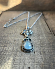 Load image into Gallery viewer, Art Nouveau Flower Fairy With Icy Blue Aquamarine Drop Pendant, Rolo Chain 18” Long