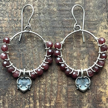 Load image into Gallery viewer, Dark Garnet and Heart Charm Hoop Earrings, Handcraftred Sterling Silver