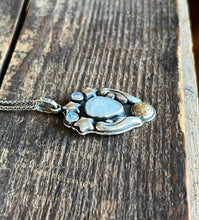 Load image into Gallery viewer, Shoot for the Stars Pendant, Handcrafted Sterling Silver and Brass Moon with Triple Moonstones, 18” Wheat Chain
