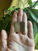 Load image into Gallery viewer, Egyptian Tablet Hieroglyph Drop Earrings, Silver and Brass