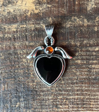 Load image into Gallery viewer, Winged Blacked Onyx Heart with Amber Talisman, Pendant Only