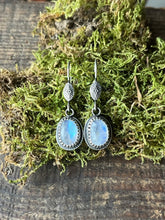 Load image into Gallery viewer, Rainbow Moonstone Deco Drop Earrings, Handcrafted Sterling Silver Design