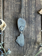 Load image into Gallery viewer, Orange Confetti Sunstone Necklace with Hand Carved Butterfly Wing Drop, with 21” Long Rolo Chain