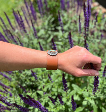 Load image into Gallery viewer, Royston Ribbon Turquoise Set Leather Bracelet with Hand Stamped Silver Detailing, Small Fit