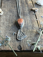 Load image into Gallery viewer, Orange Confetti Sunstone Necklace with Hand Carved Butterfly Wing Drop, with 21” Long Rolo Chain