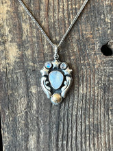 Load image into Gallery viewer, Shoot for the Stars Pendant, Handcrafted Sterling Silver and Brass Moon with Triple Moonstones, 18” Wheat Chain