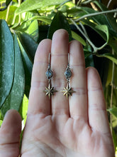 Load image into Gallery viewer, Compass Star Labradorite Drop Earrings, Sterling Silver and Brass