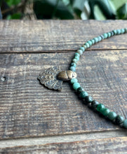 Load image into Gallery viewer, Egyptian Motif Scarab in Brass with Emerald Beaded Necklace, 21” Long