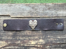 Load image into Gallery viewer, Egyptian Revival Brass Lotus and Snake Design on Leather Bracelet, Set with Garnet in Fine Silver