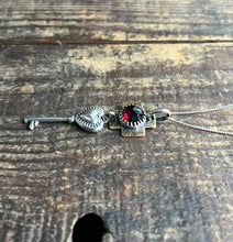 Load image into Gallery viewer, Symbolic Key and Heart Pendant, Sterling and Brass with Faceted Garnet, 16” Sterling Chain