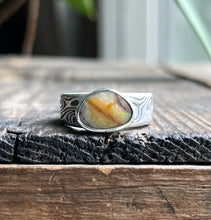 Load image into Gallery viewer, Australian Crystal Pipe Opal Ring with Mokume Gane Pattern, Ring Size 8 3/4