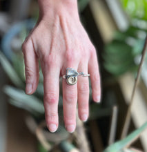 Load image into Gallery viewer, Juxtapose Ring, Herkimer Quartz and Brass Ammonite Shell in Handcrafted Sterling Silver, Size 8