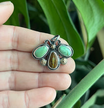 Load image into Gallery viewer, Kings Manassa Turquoise and Crystal Pipe Opal Butterfly, Sterling and Brass Accents, 16” Chain Included