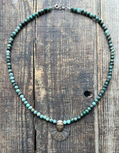 Load image into Gallery viewer, Egyptian Motif Scarab in Brass with Emerald Beaded Necklace, 21” Long