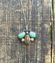 Load image into Gallery viewer, Kings Manassa Turquoise and Crystal Pipe Opal Butterfly, Sterling and Brass Accents, 16” Chain Included