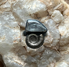 Load image into Gallery viewer, Juxtapose Ring, Herkimer Quartz and Brass Ammonite Shell in Handcrafted Sterling Silver, Size 8