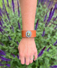 Load image into Gallery viewer, Royston Ribbon Turquoise Set Leather Bracelet with Hand Stamped Silver Detailing, Small Fit
