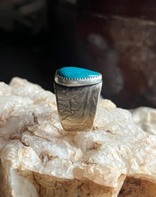 Load image into Gallery viewer, Kingman Turquoise Ring in Brass Scrollwork Style Band, Size 9