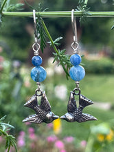 Load image into Gallery viewer, Lovebird Drop Earrings with Kyanite Beads, Handcrafted Sterling Silver