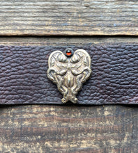 Load image into Gallery viewer, Egyptian Revival Brass Lotus and Snake Design on Leather Bracelet, Set with Garnet in Fine Silver