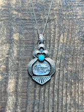 Load image into Gallery viewer, Dream Land Hand Stamped Turquoise and Rainbow Moonstone Pendant, Sterling Silver, with 16” Chain
