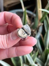 Load image into Gallery viewer, Juxtapose Ring, Herkimer Quartz and Brass Ammonite Shell in Handcrafted Sterling Silver, Size 8