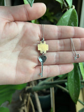 Load image into Gallery viewer, Symbolic Key and Heart Pendant, Sterling and Brass with Faceted Garnet, 16” Sterling Chain