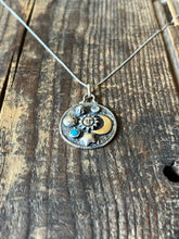 Load image into Gallery viewer, Celestial Elements Pendant in Handcrafted Sterling Silver with Kingman Turquoise and Moonstone, 16” Chain