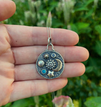 Load image into Gallery viewer, Celestial Elements Pendant in Handcrafted Sterling Silver with Kingman Turquoise and Moonstone, 16” Chain
