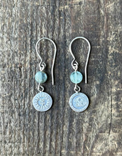 Load image into Gallery viewer, Sun and Moon Charm Drop Earrings, Handcrafted Sterling Silver with Gemstone Bead Settings