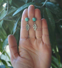 Load image into Gallery viewer, Kingman Turquoise Post Earrings in Handcrafted Sterling Silver with Hand Stamped Drops
