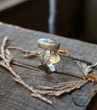Load image into Gallery viewer, Green Stone Mountain Turquoise Ring in Handcrafted and Stamped Sterling Silver, Ring Size 9.5