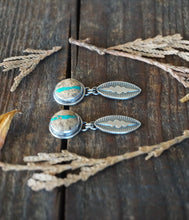 Load image into Gallery viewer, Ribbon Cut Stone Mountain Turquoise Post Drop Earrings in Handcrafted Sterling Silver with Hand Stamped Drops