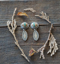 Load image into Gallery viewer, Ribbon Cut Stone Mountain Turquoise Post Drop Earrings in Handcrafted Sterling Silver with Hand Stamped Drops