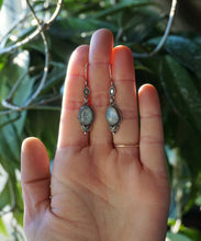 Load image into Gallery viewer, Rainbow Moonstone Drop Earrings, Handcrafted and Stamped Sterling Silver Detailing