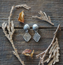 Load image into Gallery viewer, White Buffalo Post Earrings in Handcrafted Sterling Silver with Hand Stamped Drops, Southwest Boho Style