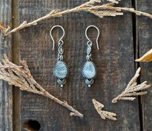 Load image into Gallery viewer, Rainbow Moonstone Drop Earrings, Handcrafted and Stamped Sterling Silver Detailing