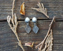 Load image into Gallery viewer, White Buffalo Post Earrings in Handcrafted Sterling Silver with Hand Stamped Drops, Southwest Boho Style