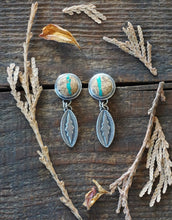Load image into Gallery viewer, Ribbon Cut Stone Mountain Turquoise Post Drop Earrings in Handcrafted Sterling Silver with Hand Stamped Drops