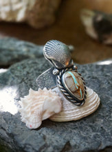 Load image into Gallery viewer, Seafaring Montezuma Turquoise and Shell Ring, Size 9 3/4, Handcrafted and Cast Solid Sterling Silver