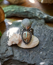 Load image into Gallery viewer, Seafaring Montezuma Turquoise and Shell Ring, Size 9 3/4, Handcrafted and Cast Solid Sterling Silver
